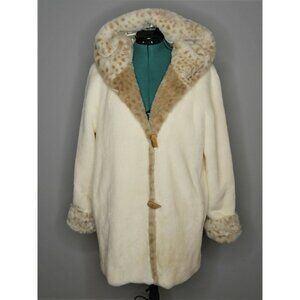Plush White Faux Fur Hooded Coat Leopard Trim Coldwater Creek Womens Size PM***